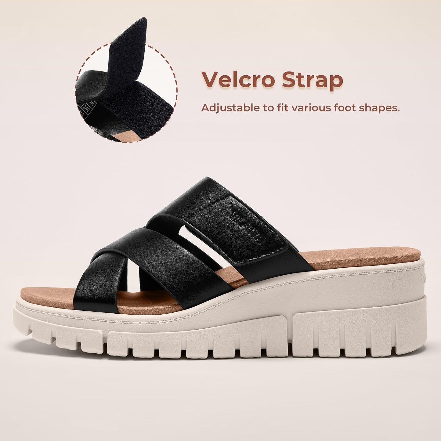 Vilanva Women's Orthopedic Platform Slip On Slides | Comfortable Arch Support, 2-Inch Wedge Heel, Adjustable Velcro Strap