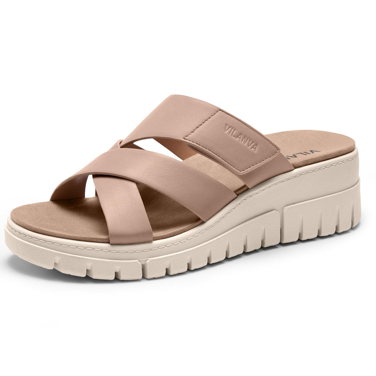 Vilanva Women's Orthopedic Platform Slip On Slides | Comfortable Arch Support, 2-Inch Wedge Heel, Adjustable Velcro Strap