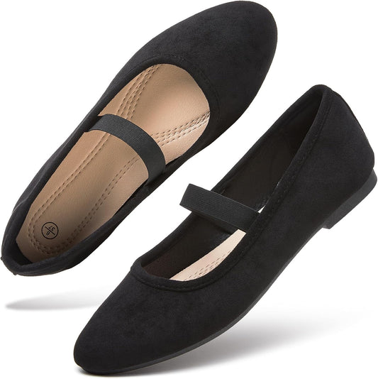 hash bubbie Women's Mary Janes Ballet Flats Suede Dress Shoes | Memory Foam Comfortable Dress Shoes Work Elastic Straps casual dressy ballerina loafers