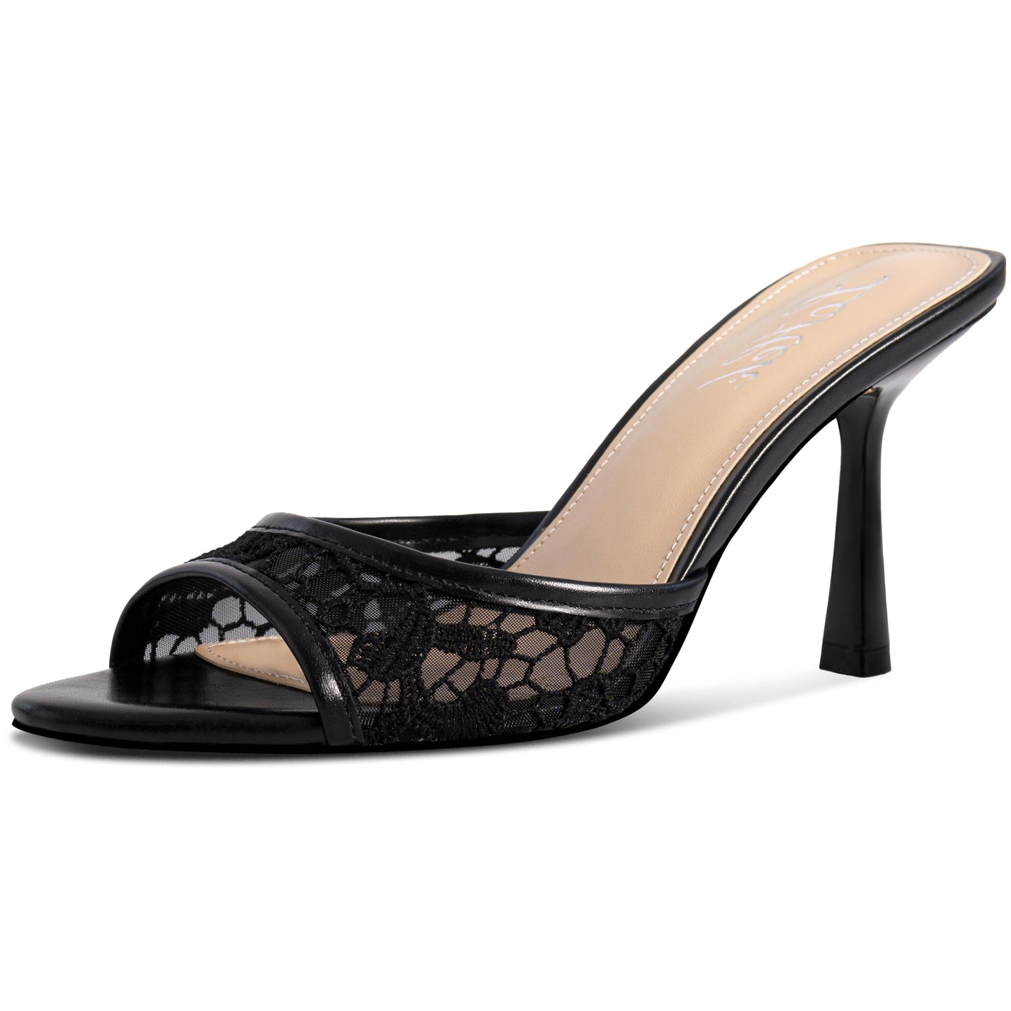 Women's Kitten Heels Open Toe Mules Heels Slip On Lace Heeled Sandals Summer Dress Shoes for Party Wedding
