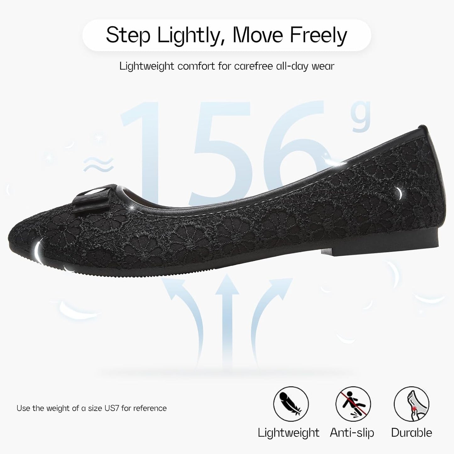 Shupua Black Flats Womens Dress Shoes Comfortable Slip On Ballet Flat | Dressy Lace Ballerina Shoes with Cute Bow, Cushioned Insole, Casual, Formal, Work, Bridal, Wedding, Comfort, Ladies