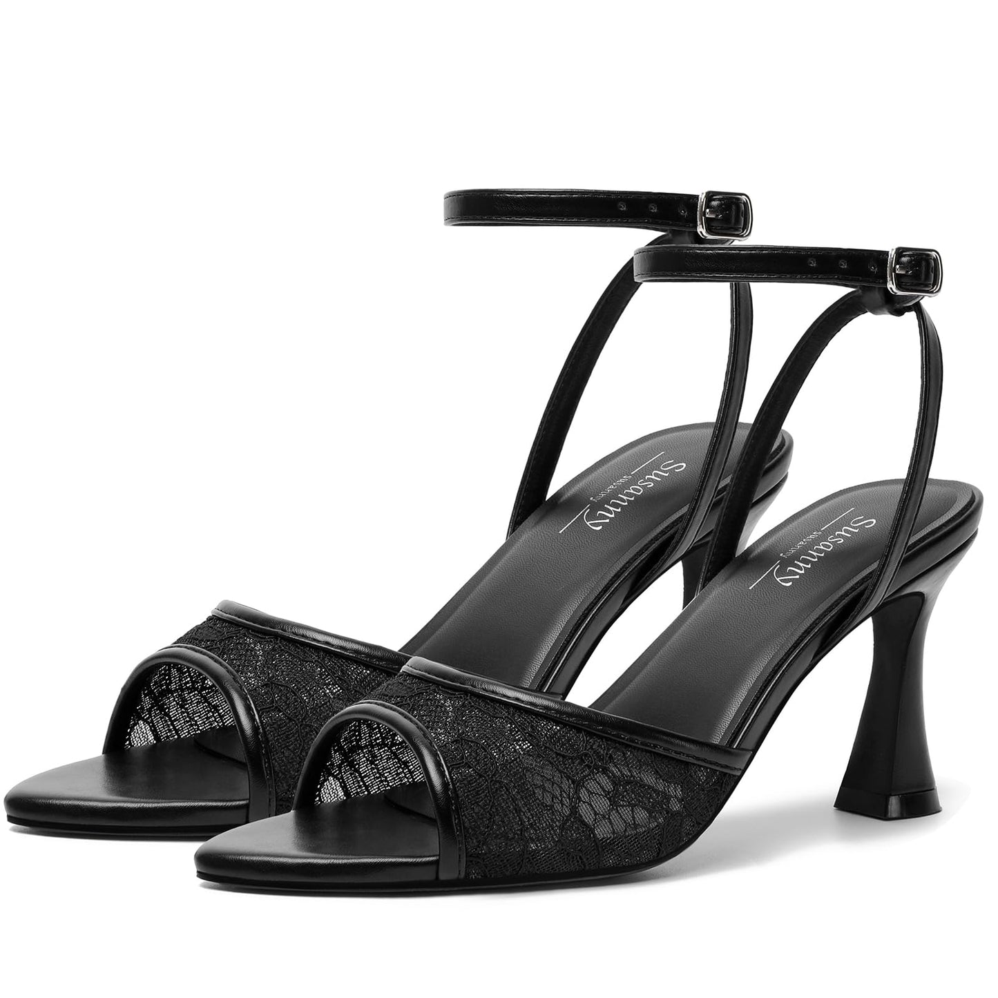 Susanny High Heels for Women Pointed Open Toe Strappy Chunky Block Heels Ankle Strap Stiletto Kitten Heeled Sandals Wedding Bridal Party Prom Sexy Dress Shoes