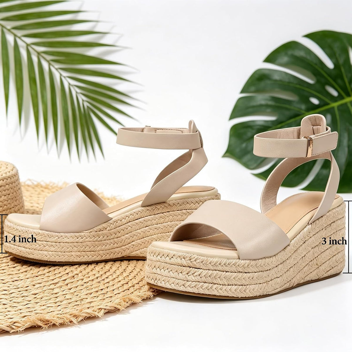 Espadrille Platform Wedge Sandals Braided Women Slip-On Sandal | Adjustable Strap,Open Toe, 3 in Platform Heel, 1.4in Sole, Straw Woven/PU—4 Colors, Beach, Vacation & Summer Boho Daily Wear
