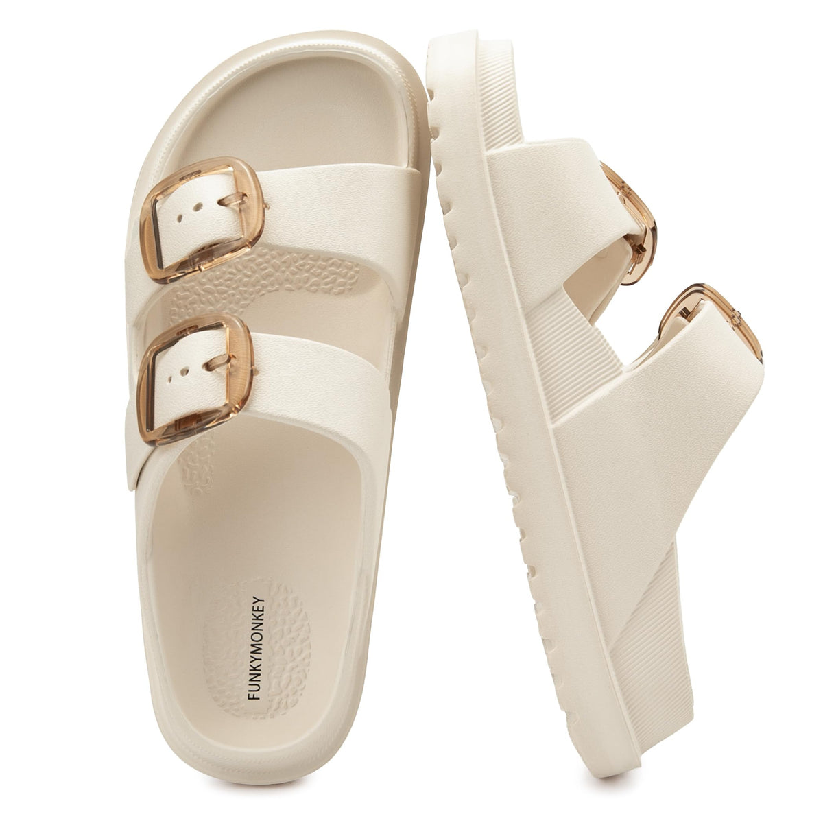FUNKYMONKEY Women's Comfort Slides Non-Slip Lightweight Flat Beach Sandals | Adjustable Buckle Plastic Sandals with Arch Support, Waterproof Non-Slip Summer Slippers for Pool, Shower & Daily Wear