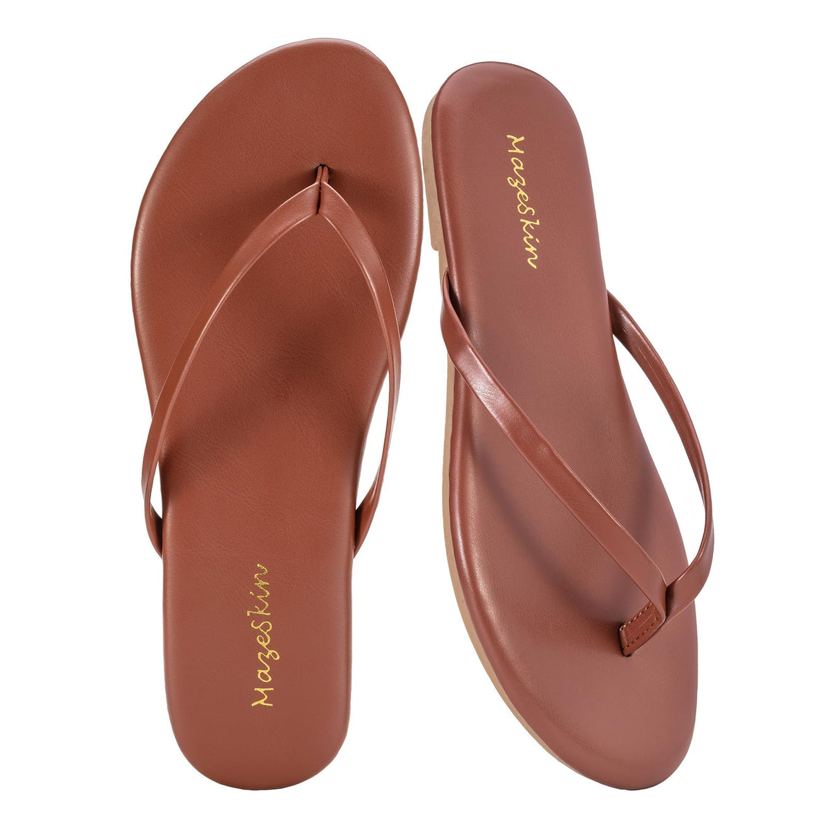 mazeskin Womens Memory Foam Flip Flops Flat Thong Sandals | Soft Vegan Leather Comfortable Cushioned Casual Dressy Beach Summer Minimalist Slim Slide Shoes Indoor Outdoor