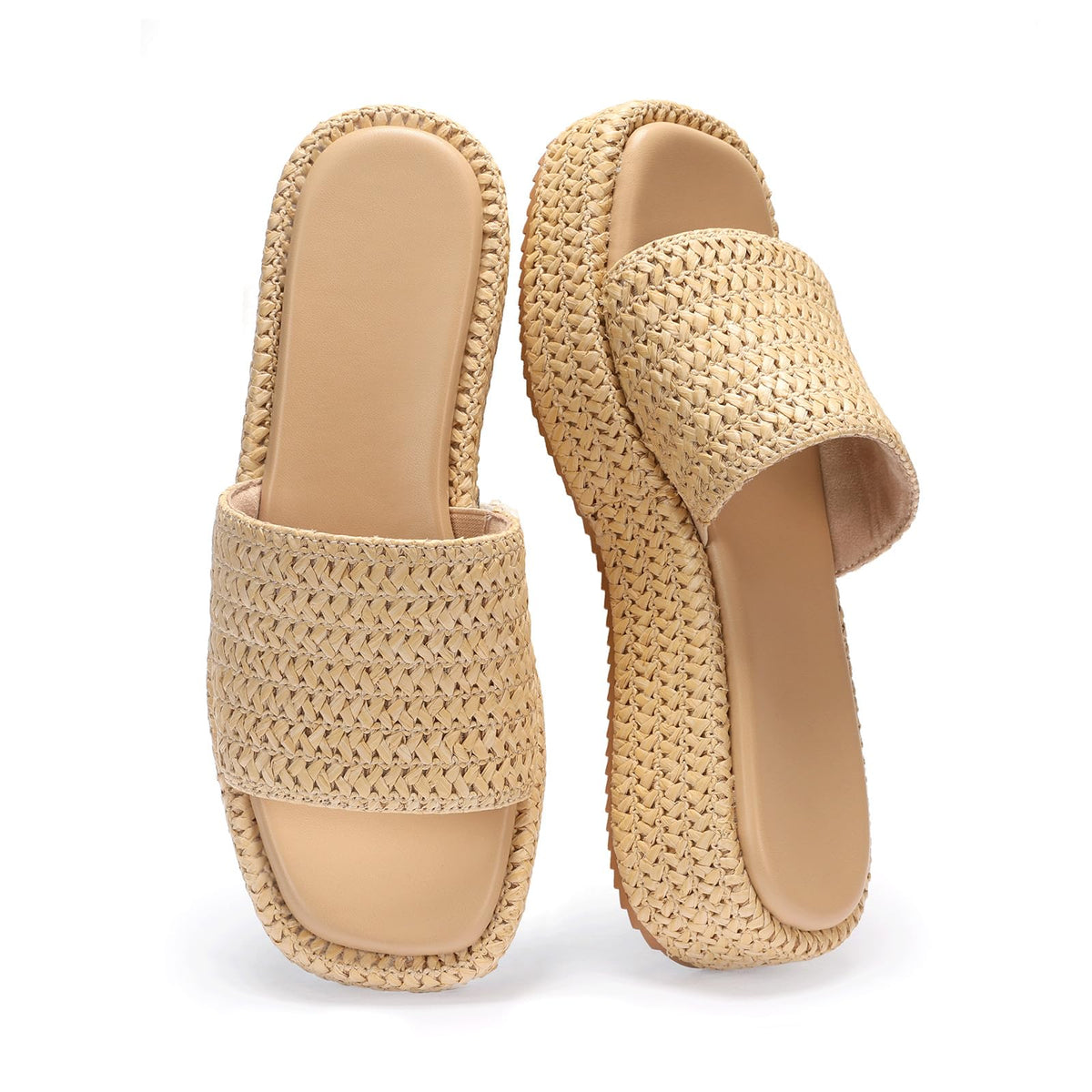 Monrovia Platform Sandals Women Raffia Espadrille Slides, Woven Straw Flatform Beach Sandals Women, Slip On Summer Vacation Shoes, Comfortable Casual Daily Wear
