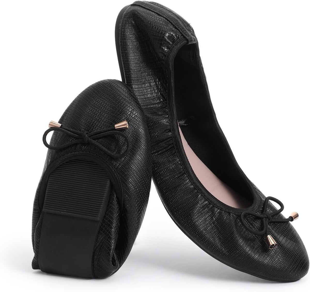 Black Foldable Flats for Women - Lightweight Slip-On Shoes with Bowknot - Travel Flats Foldable Shoes