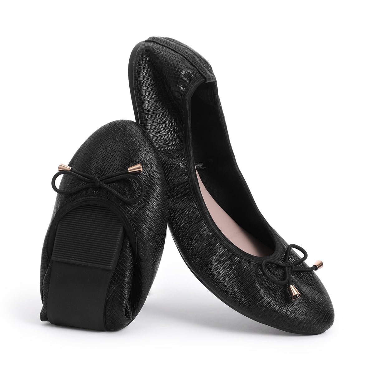 Black Foldable Flats for Women - Lightweight Slip-On Shoes with Bowknot - Travel Flats Foldable Shoes