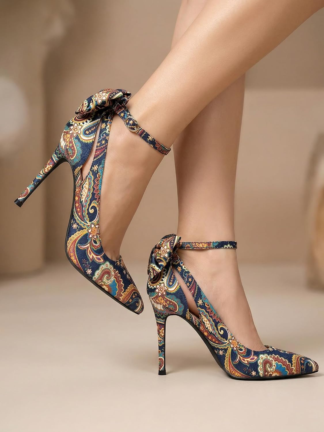 Women's Pointed Toe Bow Tie High Heels Ankle Strap Wedding Pumps | Closed Toe 4 Inches Stiletto High Heels Sexy Dress Shoes for Vacation Festival Party Office Work and Daily Wear