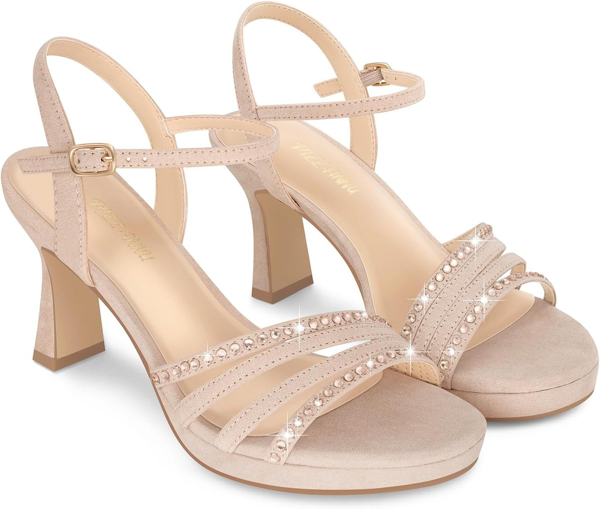 PIZZ ANNU Lena Women's Platform Heels High Block Chunky Sparkly Rhinestone Open Toe Ankle Strap Fashion Dress Pump Sandals Shoes for Party Wedding