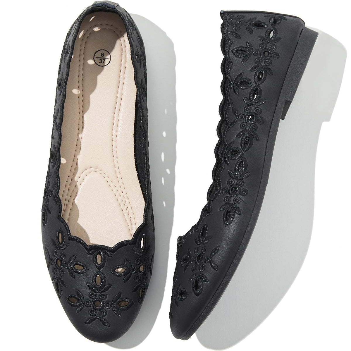 Shupua Womens Flats Ballet Flats for Women Comfortable Slip on Dress Shoes | Dressy Casual Loafers, Breathable, Summer, Round Toe, PU Leather, Floral Eyelets, Comfort, Close Toe, Ladies