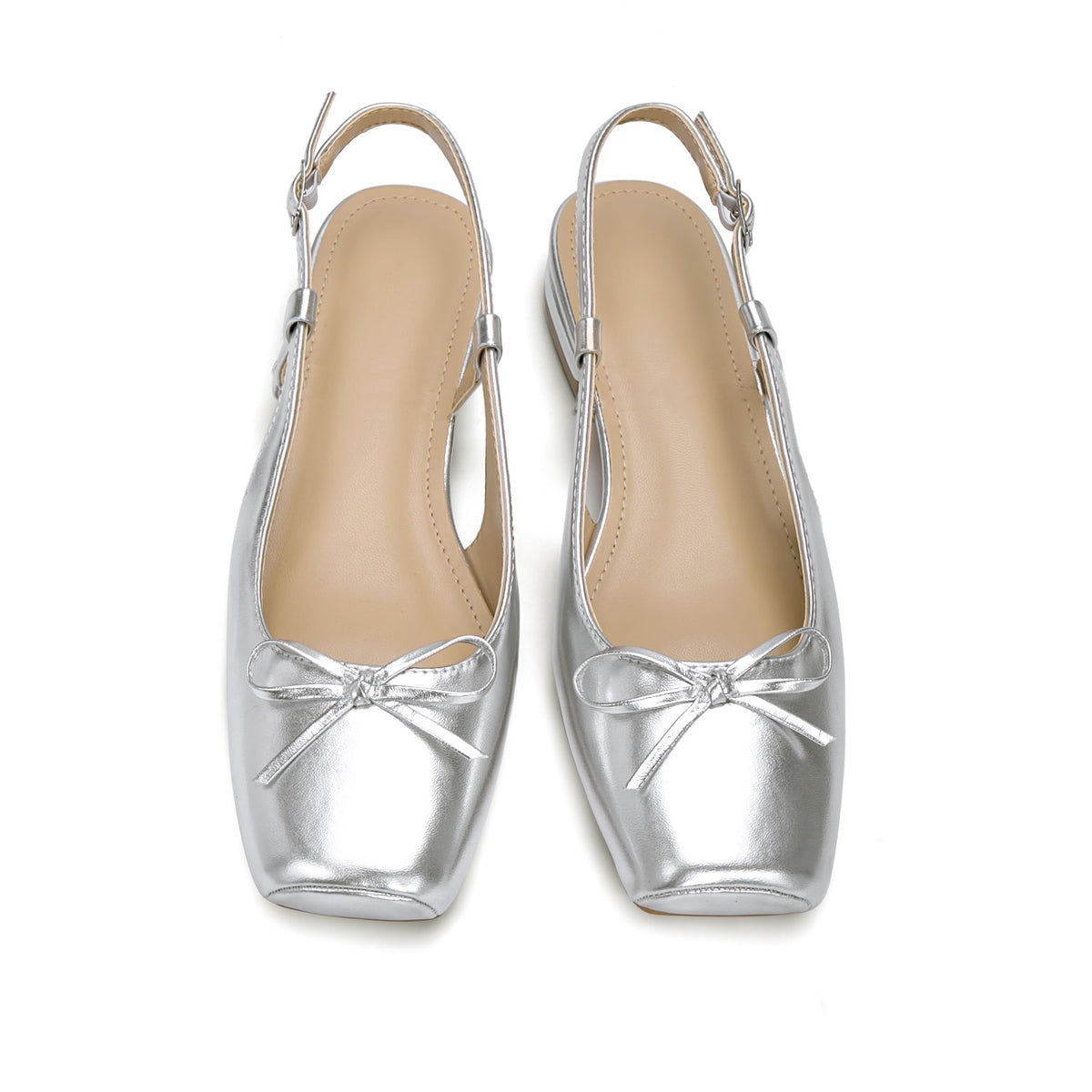 Women's Ballet Flats Slingbacks Square Toe Bow Knit Dressy Flat Shoes with Ankle Buckles Satin