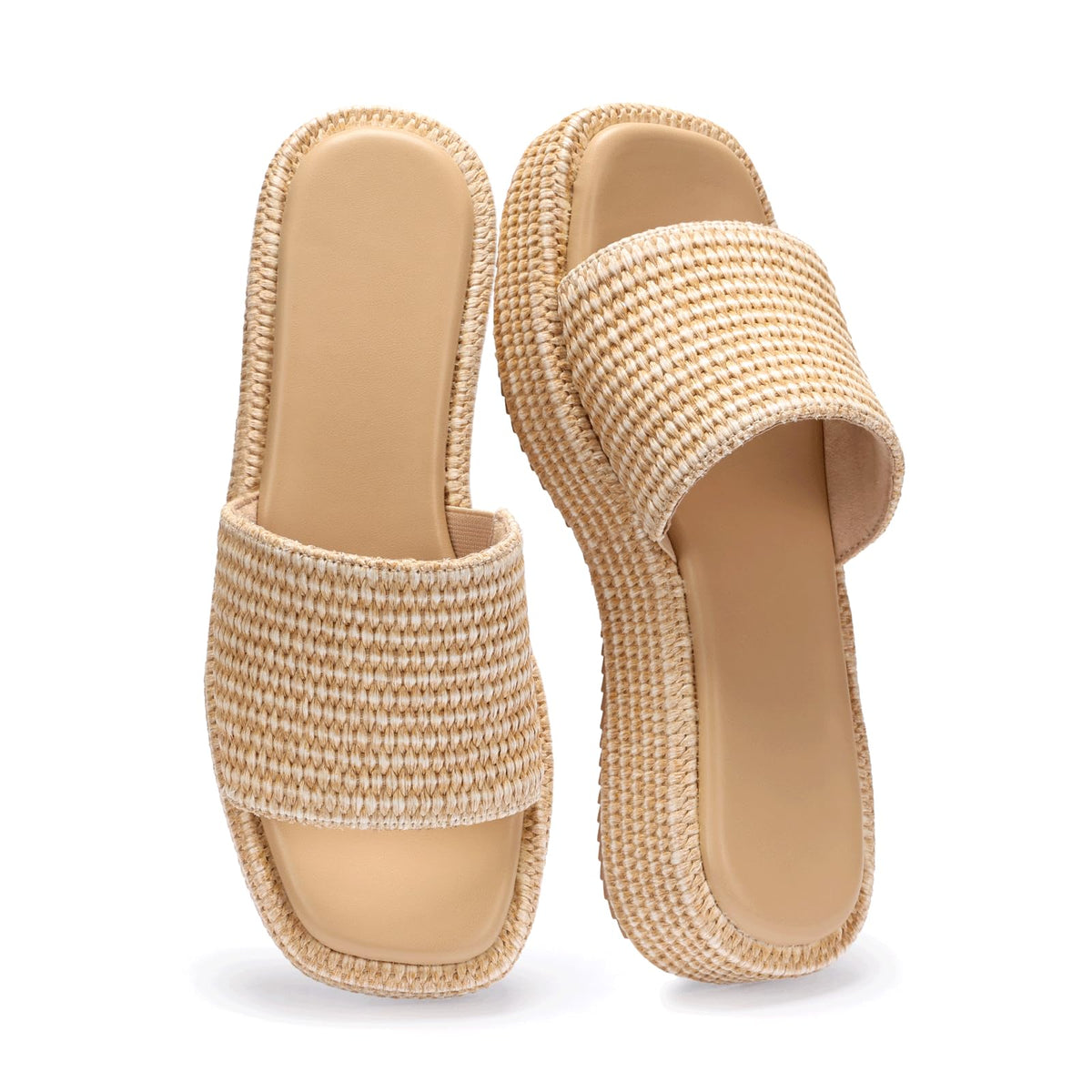 Monrovia Platform Sandals Women Raffia Espadrille Slides, Woven Straw Flatform Beach Sandals Women, Slip On Summer Vacation Shoes, Comfortable Casual Daily Wear