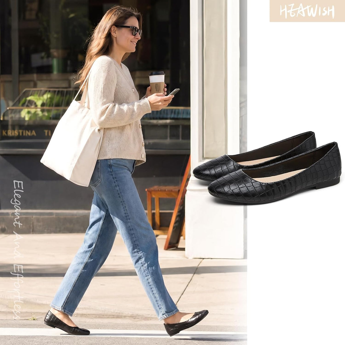 HEAWISH Womens Leather Dress Shoes Crocodile Print Ballet Flats | Comfortable Office Slip On Loafers,PU Lightweight,Work Shoes With Memory Foam