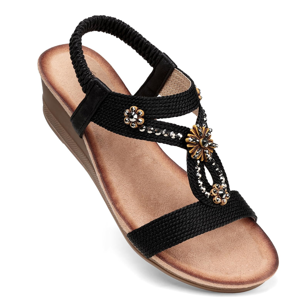SHIBEVER Womens Wedge Sandals Dressy: Comfortable Low Heels Sandals Summer | Elastic Back Strap, Open Toe, with Cushioning, Arch Support Casual Dress Shoes for Walking Beach Travel Vacation Size 5-12
