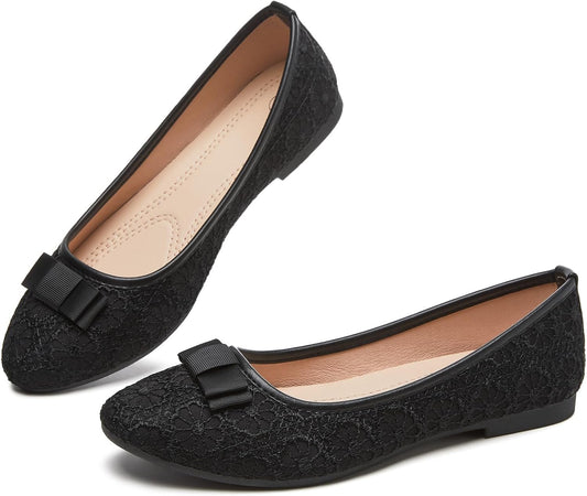 Shupua Black Flats Womens Dress Shoes Comfortable Slip On Ballet Flat | Dressy Lace Ballerina Shoes with Cute Bow, Cushioned Insole, Casual, Formal, Work, Bridal, Wedding, Comfort, Ladies