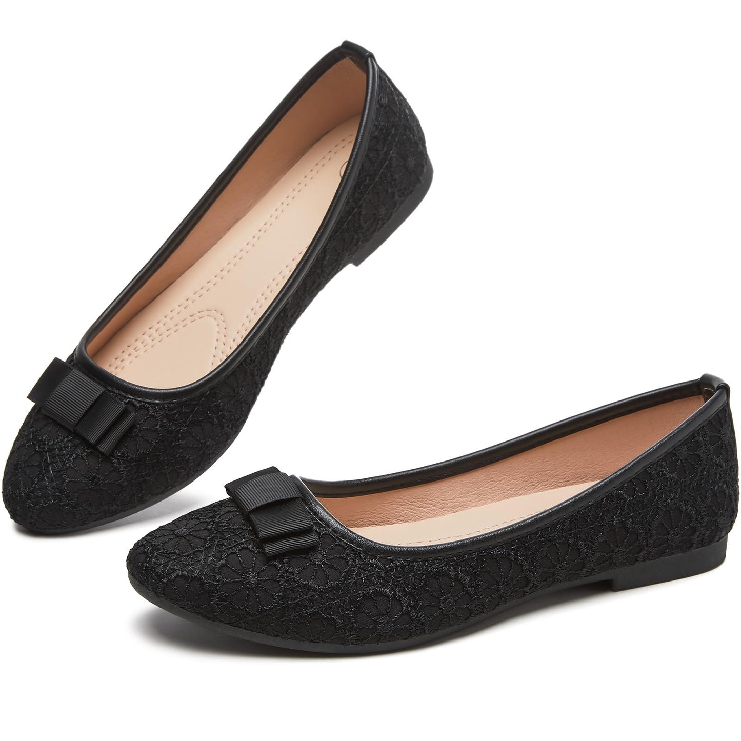 Shupua Black Flats Womens Dress Shoes Comfortable Slip On Ballet Flat | Dressy Lace Ballerina Shoes with Cute Bow, Cushioned Insole, Casual, Formal, Work, Bridal, Wedding, Comfort, Ladies