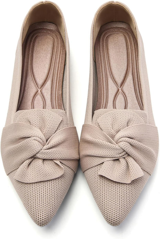 HIULYCENCE Flats for Women Pointed Toe Ballet Flats | Comfortable Knit Breathable Dressy Casual Flats with Bow for Business Work Office Walking Flat Shoes