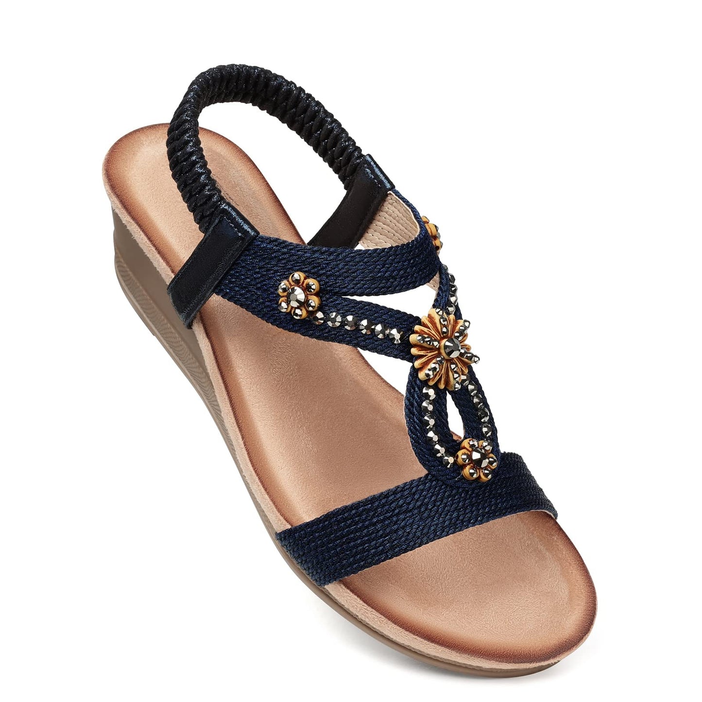 SHIBEVER Womens Wedge Sandals Dressy: Comfortable Low Heels Sandals Summer | Elastic Back Strap, Open Toe, with Cushioning, Arch Support Casual Dress Shoes for Walking Beach Travel Vacation Size 5-12