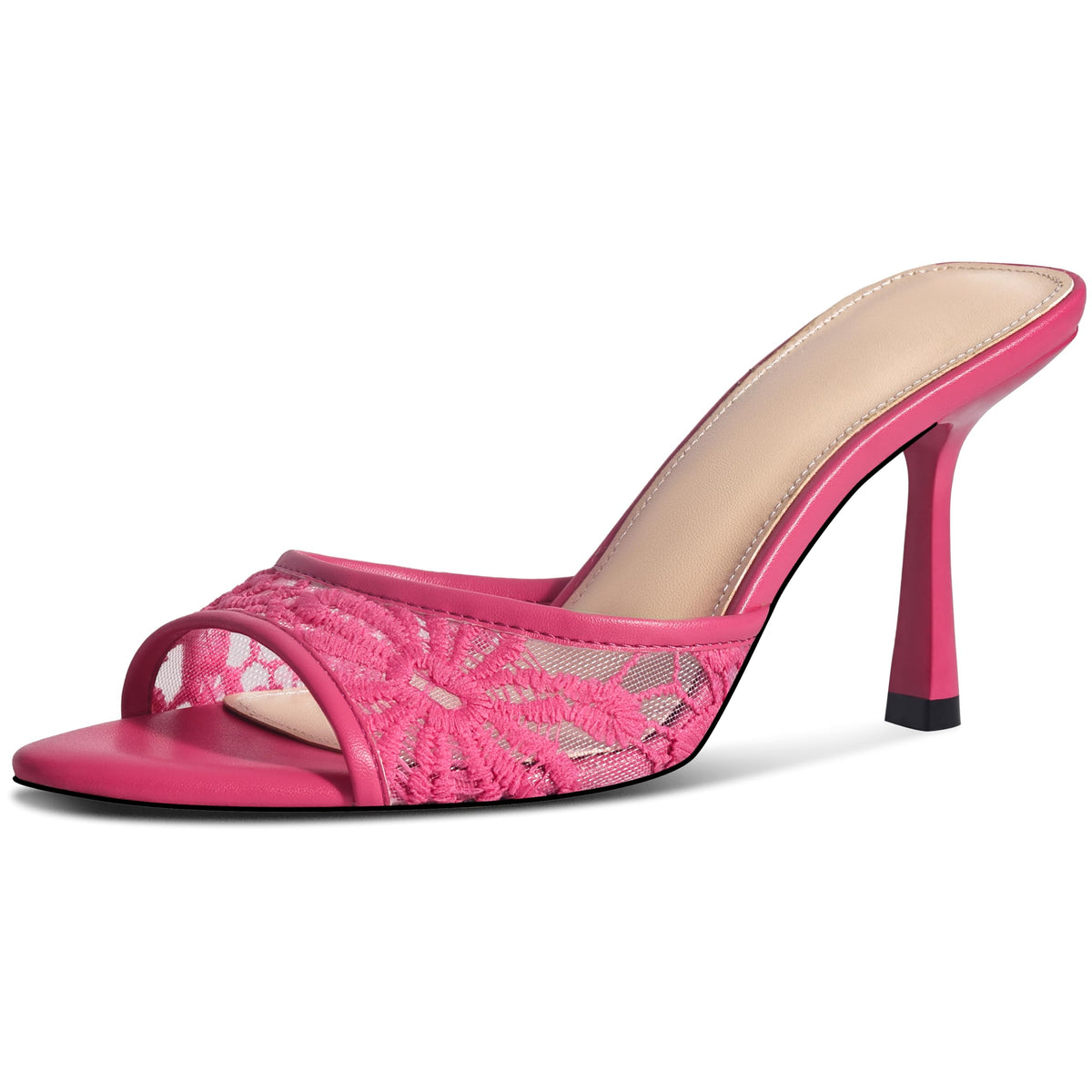 Women's Kitten Heels Open Toe Mules Heels Slip On Lace Heeled Sandals Summer Dress Shoes for Party Wedding