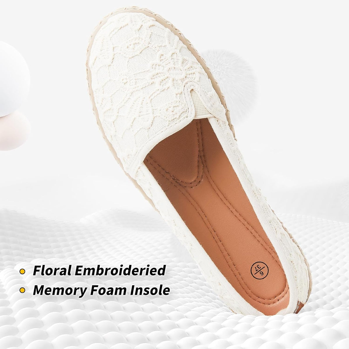 BABUDOG Women's Flats with Flower Embroideried,White Lace Ballet Flats,Comfortable Dress Flats