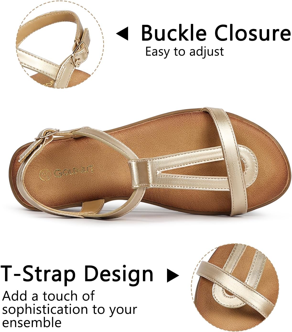 Women's Walking Ankle T Strap Sandals with Cushioning for All-Day | Flat Sandals for Women Dressy, Buckle Dressy Casual Summer, Open Toe, Travel Beach Wedding Vacation Outdoors Size 5-10.5