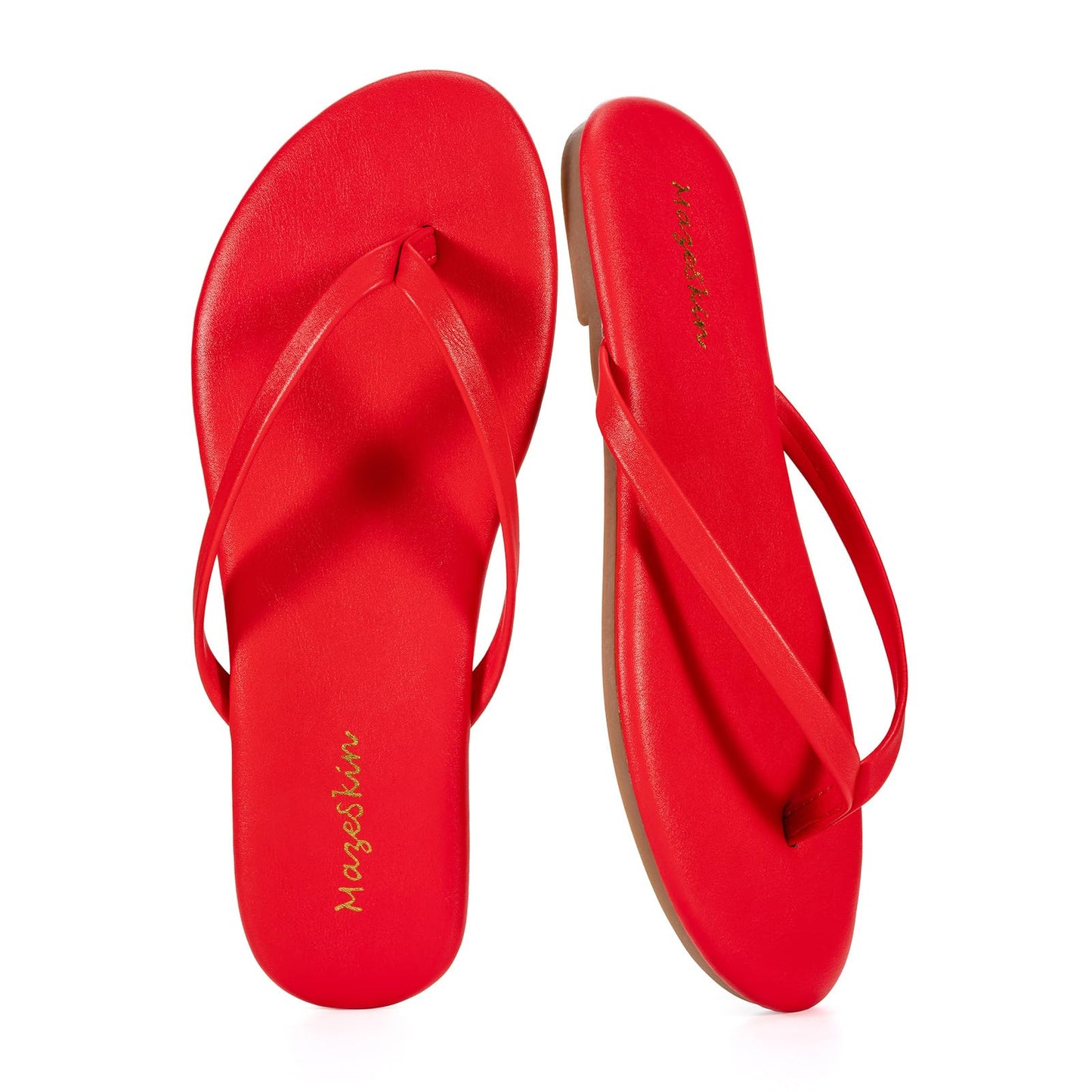 mazeskin Womens Memory Foam Flip Flops Flat Thong Sandals | Soft Vegan Leather Comfortable Cushioned Casual Dressy Beach Summer Minimalist Slim Slide Shoes Indoor Outdoor