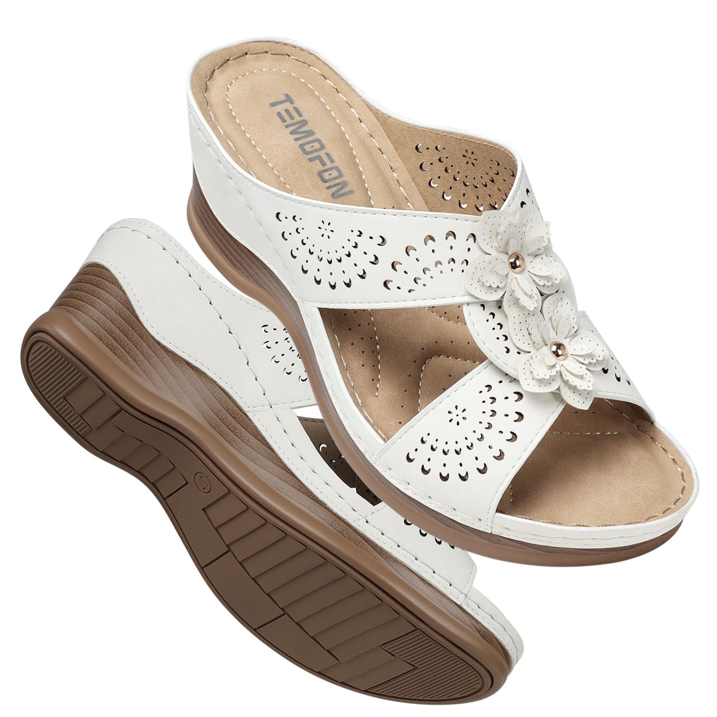 TEMOFON Womens Wedge Sandals Leather: Comfortable Walking Shoes Summer | Fit Wide Foot - Cute Style - Wear True Size 5-11