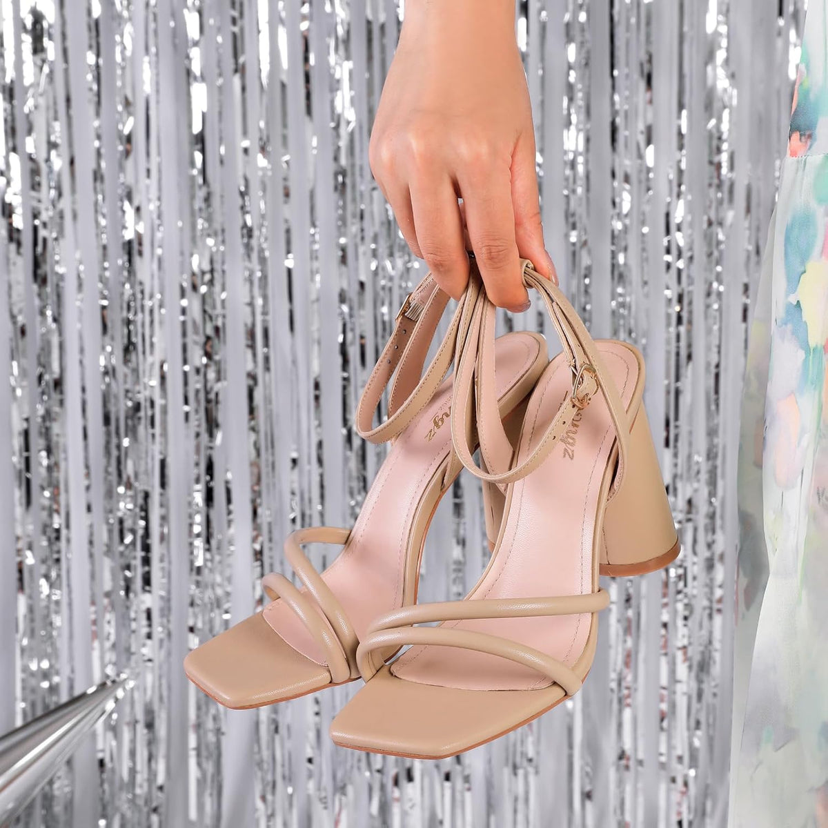 RIBONGZ Block Heels Prom Heeled Sandals for Women Chunky Square Open Toe Strappy High Heels Ankle Strap Wedding Bridal Shoes High Heel Sandals for Party Dress