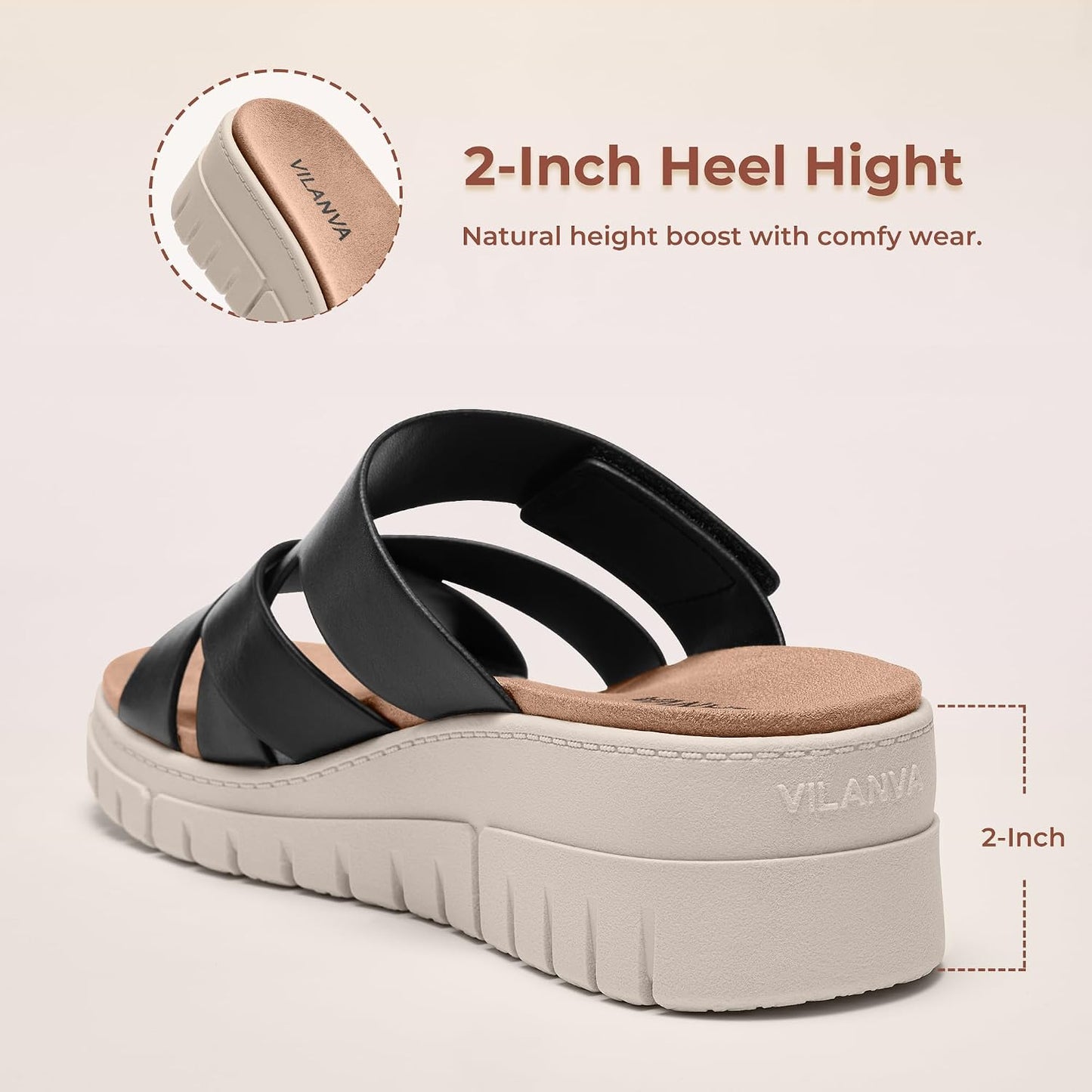 Vilanva Women's Orthopedic Platform Slip On Slides | Comfortable Arch Support, 2-Inch Wedge Heel, Adjustable Velcro Strap