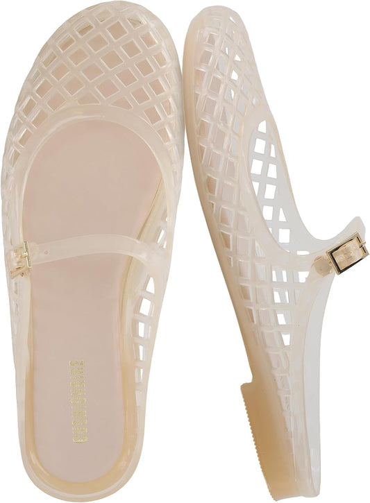 CUSHIONAIRE Java Casual Womens Jelly Flats with Adjustable Strap, Closed Toe Mary Janes Mule Design, Waterproof Jelly Sandals for Women