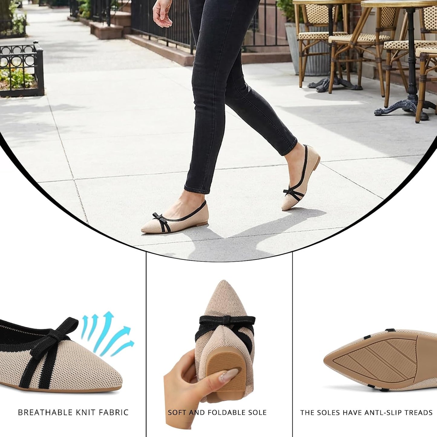 Flats for Women Pointed Toe Knit Foldable Ballet Flat Shoes | Stretch knit upper,built-in arch support,cushioned insole,foldable lightweight design,non-slip sole,office and casual wear