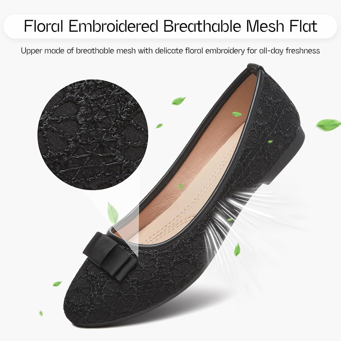 Shupua Black Flats Womens Dress Shoes Comfortable Slip On Ballet Flat | Dressy Lace Ballerina Shoes with Cute Bow, Cushioned Insole, Casual, Formal, Work, Bridal, Wedding, Comfort, Ladies