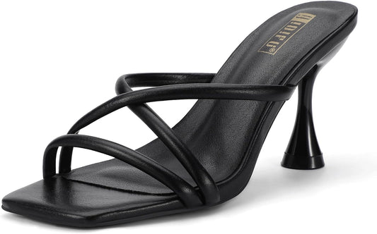IDIFU Women's Kitten Heels Square Open Toe Sandals | Summer Comfortable Strappy Mule Heel Sexy Stiletto High Heeled Dress Shoes Evening Wedding Prom Bridal Party Graduation