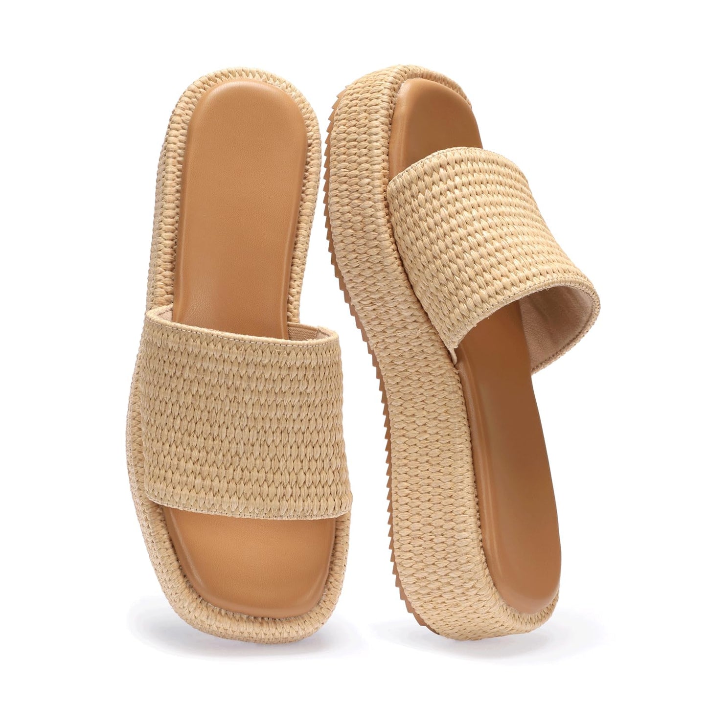 Monrovia Platform Sandals Women Raffia Espadrille Slides, Woven Straw Flatform Beach Sandals Women, Slip On Summer Vacation Shoes, Comfortable Casual Daily Wear