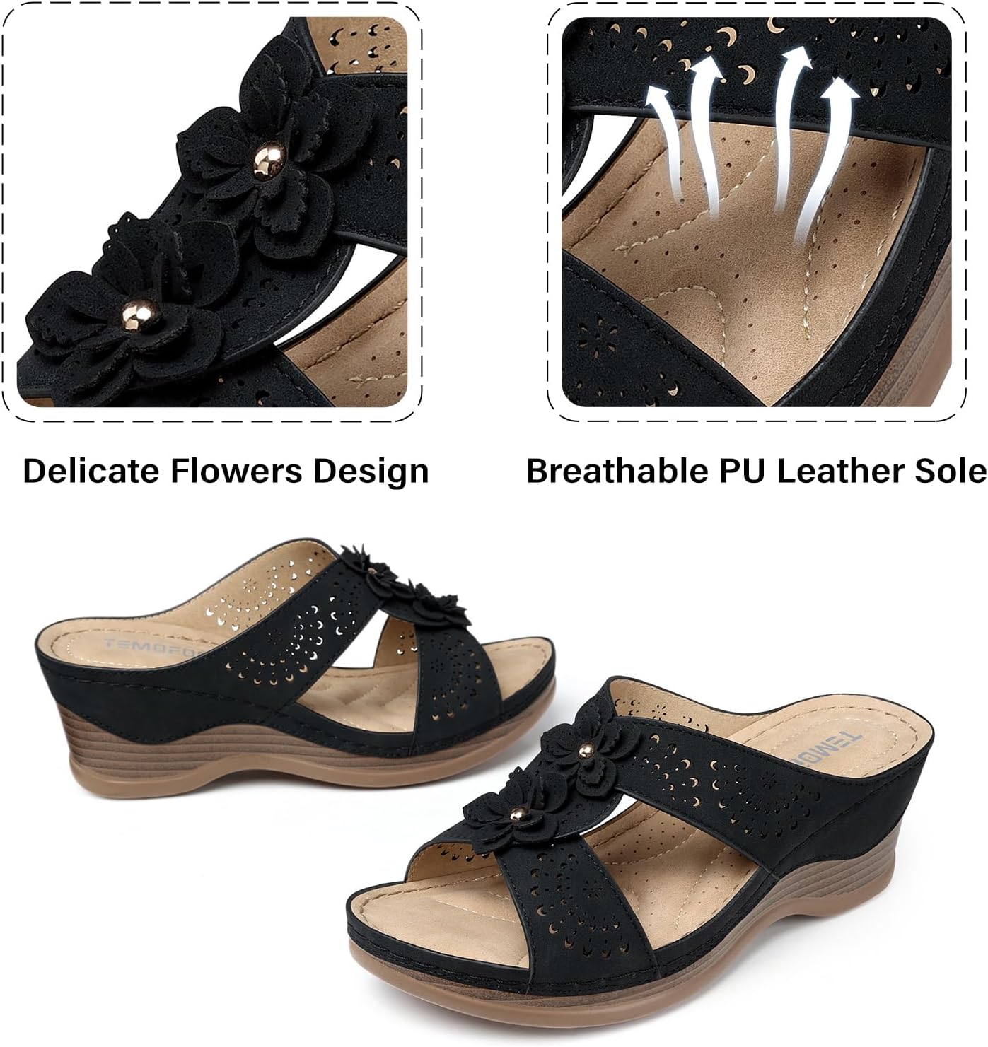 TEMOFON Womens Wedge Sandals Leather: Comfortable Walking Shoes Summer | Fit Wide Foot - Cute Style - Wear True Size 5-11