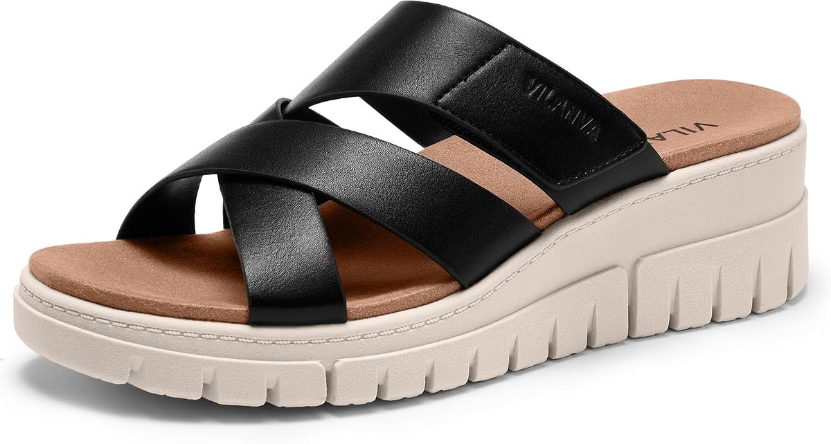 Vilanva Women's Orthopedic Platform Slip On Slides | Comfortable Arch Support, 2-Inch Wedge Heel, Adjustable Velcro Strap