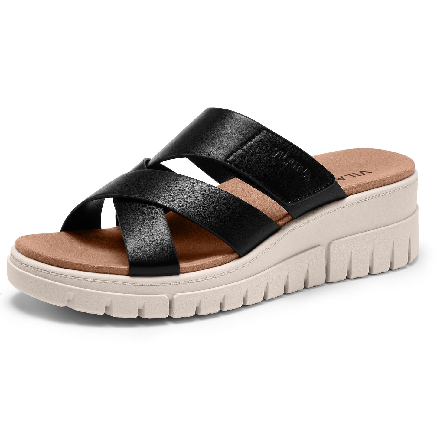 Vilanva Women's Orthopedic Platform Slip On Slides | Comfortable Arch Support, 2-Inch Wedge Heel, Adjustable Velcro Strap