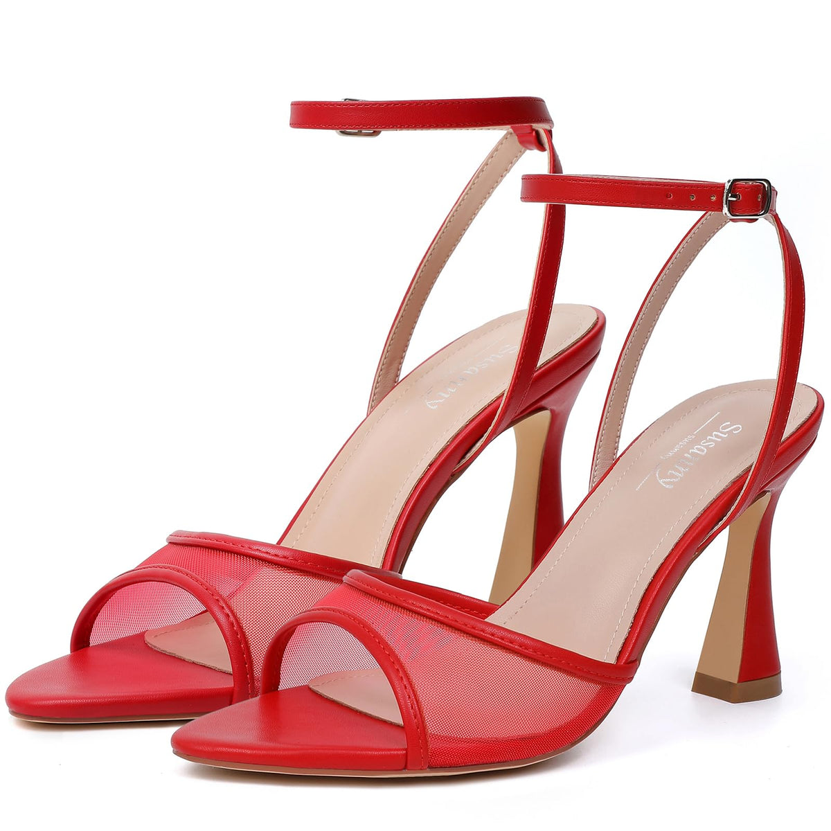 Susanny High Heels for Women Pointed Open Toe Strappy Chunky Block Heels Ankle Strap Stiletto Kitten Heeled Sandals Wedding Bridal Party Prom Sexy Dress Shoes