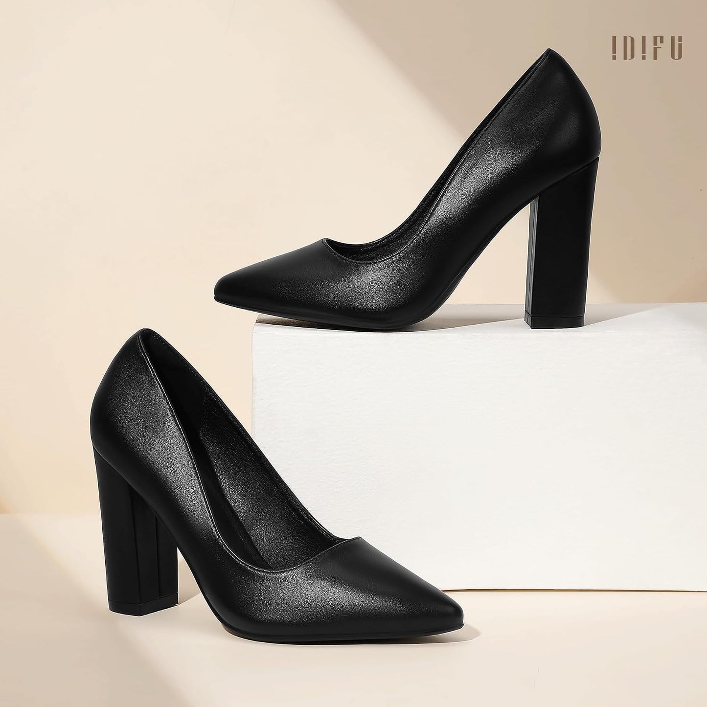 IDIFU Women's IN4 Chunky High Heels Closed Pointed Toe Pumps | Formal Block Heel Office Business Wedding Dress Shoes for Women Ladies