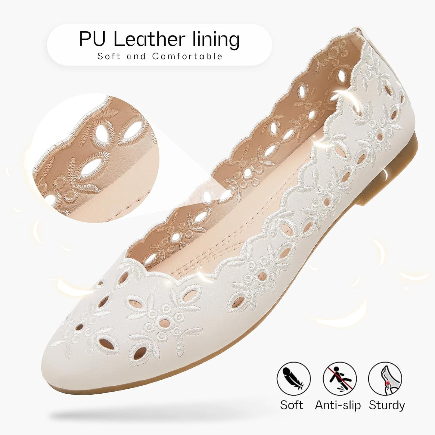 Shupua Womens Flats Ballet Flats for Women Comfortable Slip on Dress Shoes | Dressy Casual Loafers, Breathable, Summer, Round Toe, PU Leather, Floral Eyelets, Comfort, Close Toe, Ladies