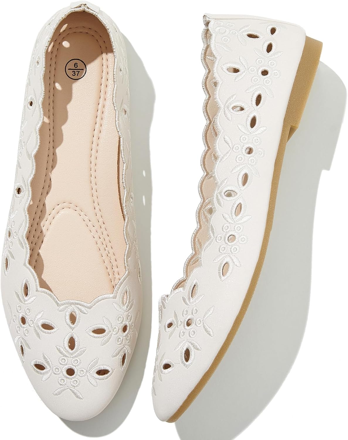 Shupua Womens Flats Ballet Flats for Women Comfortable Slip on Dress Shoes | Dressy Casual Loafers, Breathable, Summer, Round Toe, PU Leather, Floral Eyelets, Comfort, Close Toe, Ladies