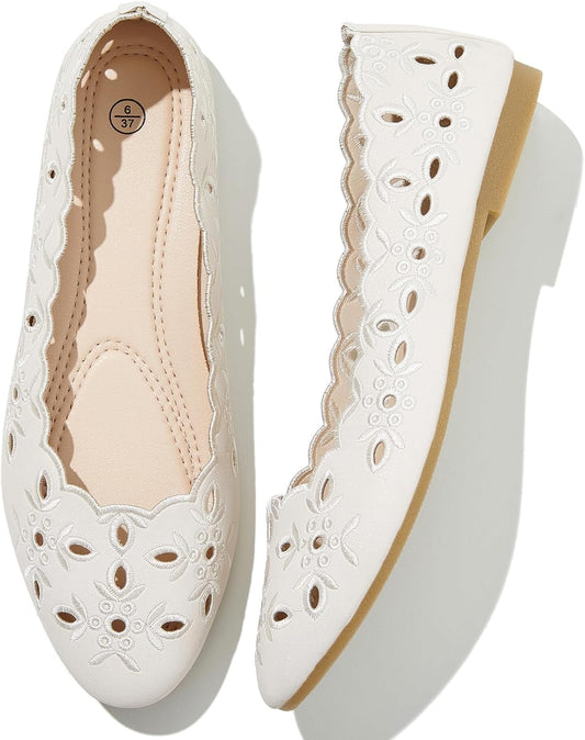Shupua Womens Flats Ballet Flats for Women Comfortable Slip on Dress Shoes | Dressy Casual Loafers, Breathable, Summer, Round Toe, PU Leather, Floral Eyelets, Comfort, Close Toe, Ladies
