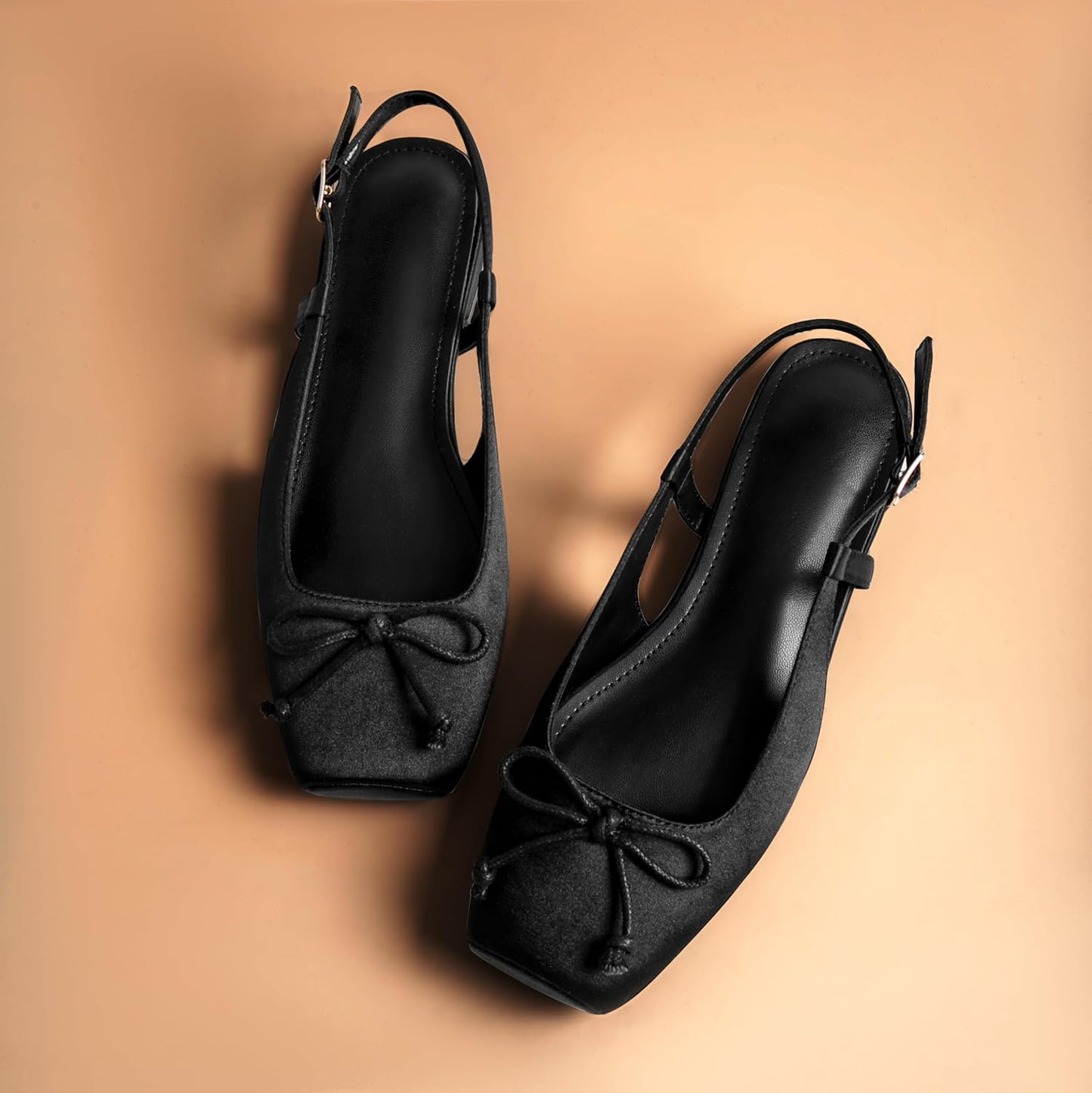 Women's Ballet Flats Slingbacks Square Toe Bow Knit Dressy Flat Shoes with Ankle Buckles Satin
