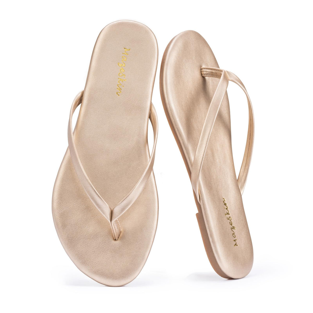mazeskin Womens Memory Foam Flip Flops Flat Thong Sandals | Soft Vegan Leather Comfortable Cushioned Casual Dressy Beach Summer Minimalist Slim Slide Shoes Indoor Outdoor