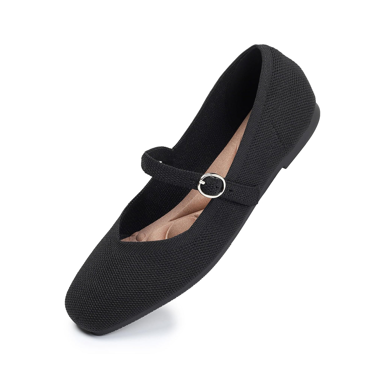 Knit Flats for Women Square Toe Casual Ballet Flat Shoes with Ankle Strap Washable Comfortable Formal Mary Jane Flat Shoes