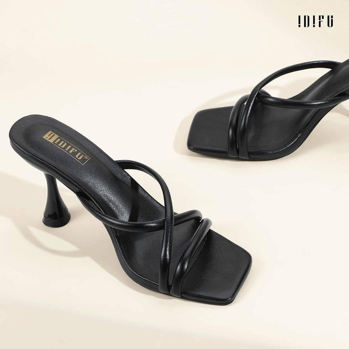IDIFU Women's Kitten Heels Square Open Toe Sandals | Summer Comfortable Strappy Mule Heel Sexy Stiletto High Heeled Dress Shoes Evening Wedding Prom Bridal Party Graduation