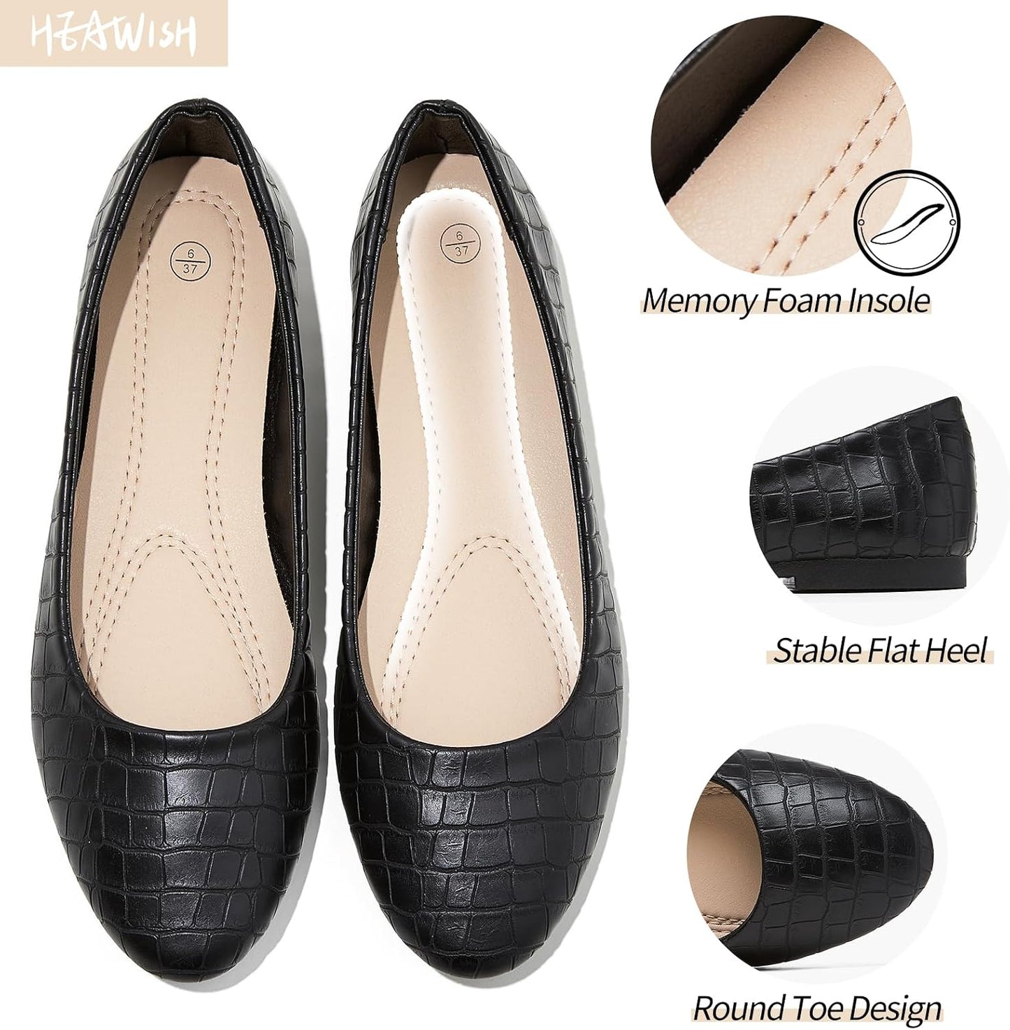 HEAWISH Womens Leather Dress Shoes Crocodile Print Ballet Flats | Comfortable Office Slip On Loafers,PU Lightweight,Work Shoes With Memory Foam