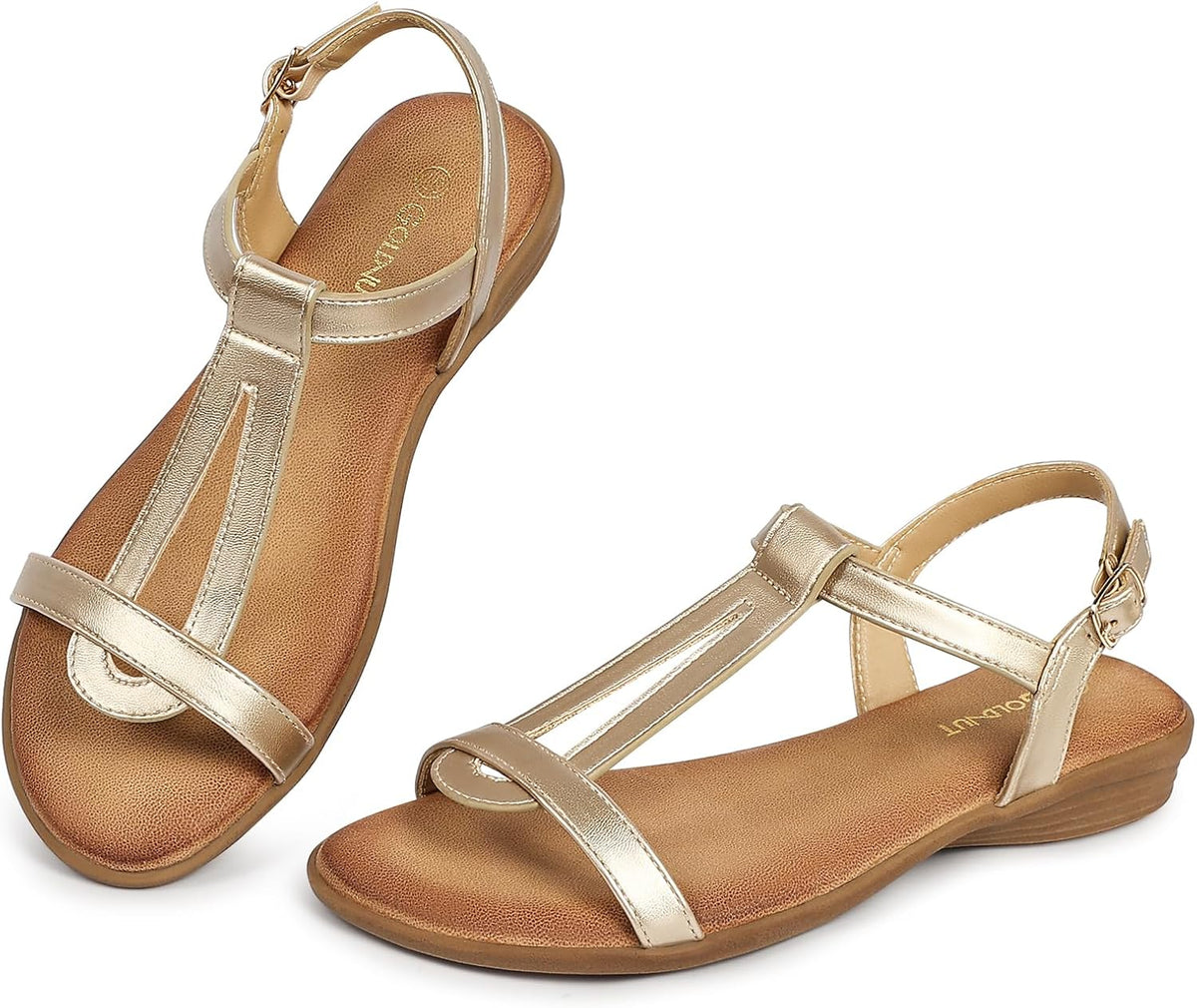Women's Walking Ankle T Strap Sandals with Cushioning for All-Day | Flat Sandals for Women Dressy, Buckle Dressy Casual Summer, Open Toe, Travel Beach Wedding Vacation Outdoors Size 5-10.5