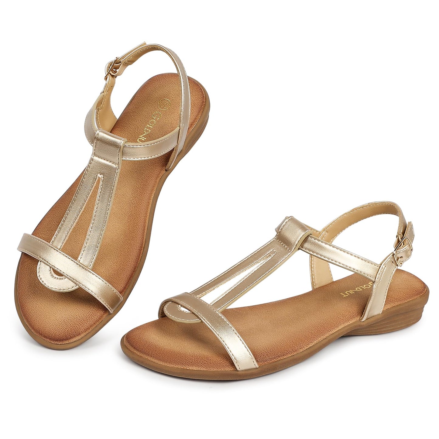 Women's Walking Ankle T Strap Sandals with Cushioning for All-Day | Flat Sandals for Women Dressy, Buckle Dressy Casual Summer, Open Toe, Travel Beach Wedding Vacation Outdoors Size 5-10.5